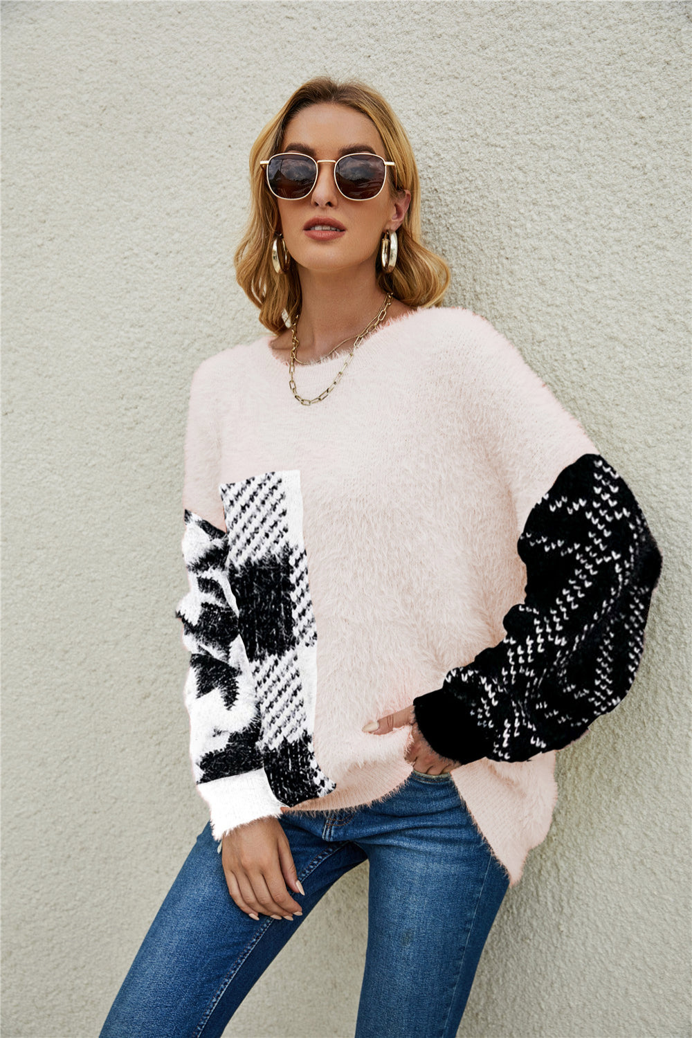 Fuzzy Mixed Print Pullover Sweater