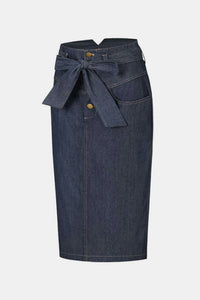 High Waist Belted Denim Skirt with Pockets