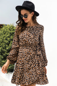 Leopard Wrap Ruffle Hem Dress