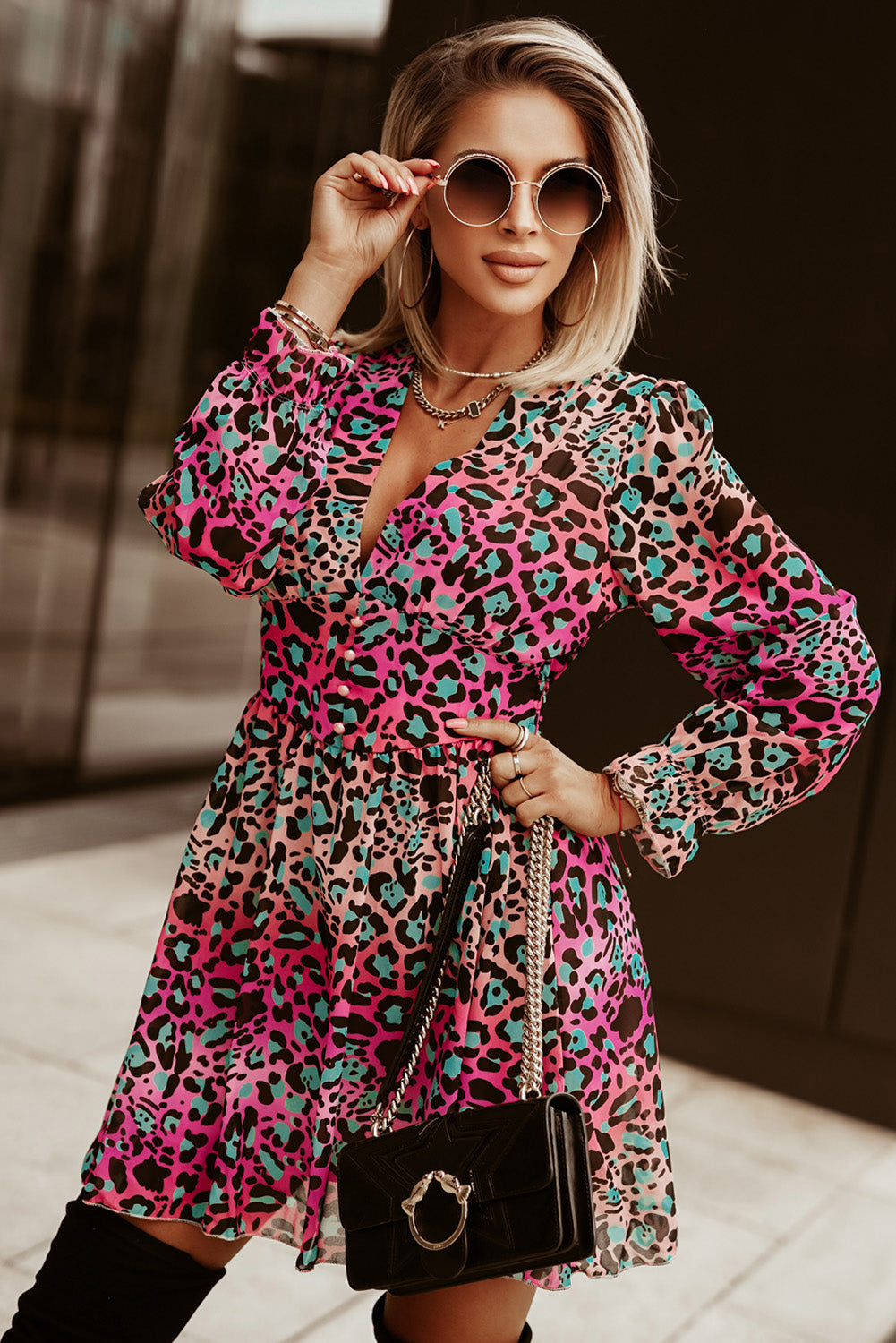 Leopard Flounce Sleeve Plunge Mini Dress