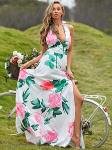 Floral Split Halter Neck Maxi Dress
