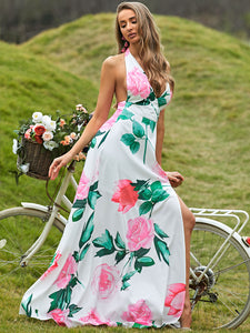 Floral Split Halter Neck Maxi Dress
